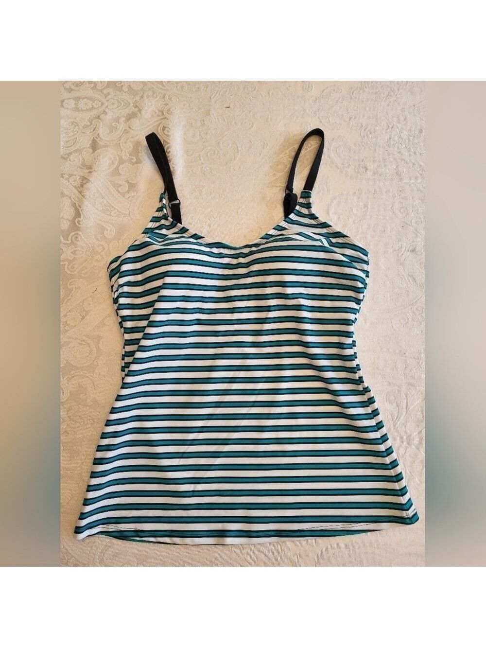 Christina Black and Teal Striped Tankini Top ONLY, M, Adjustable Straps, NWOT